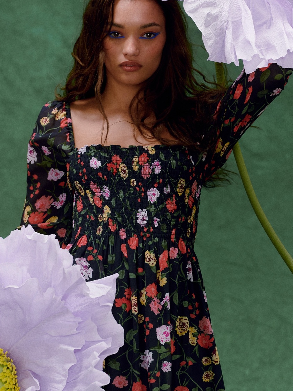 HILL HOUSE • Norah nap dress in peony floral print long sleeve navy XS mini
